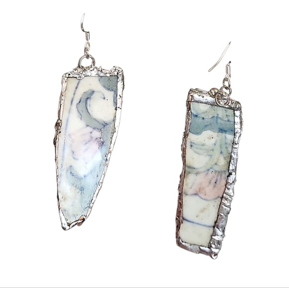 FloralPastel Bar Earrings Upcycled Vintage China Jewelry Silver-Plated Porcelain - Picture 2 of 4
